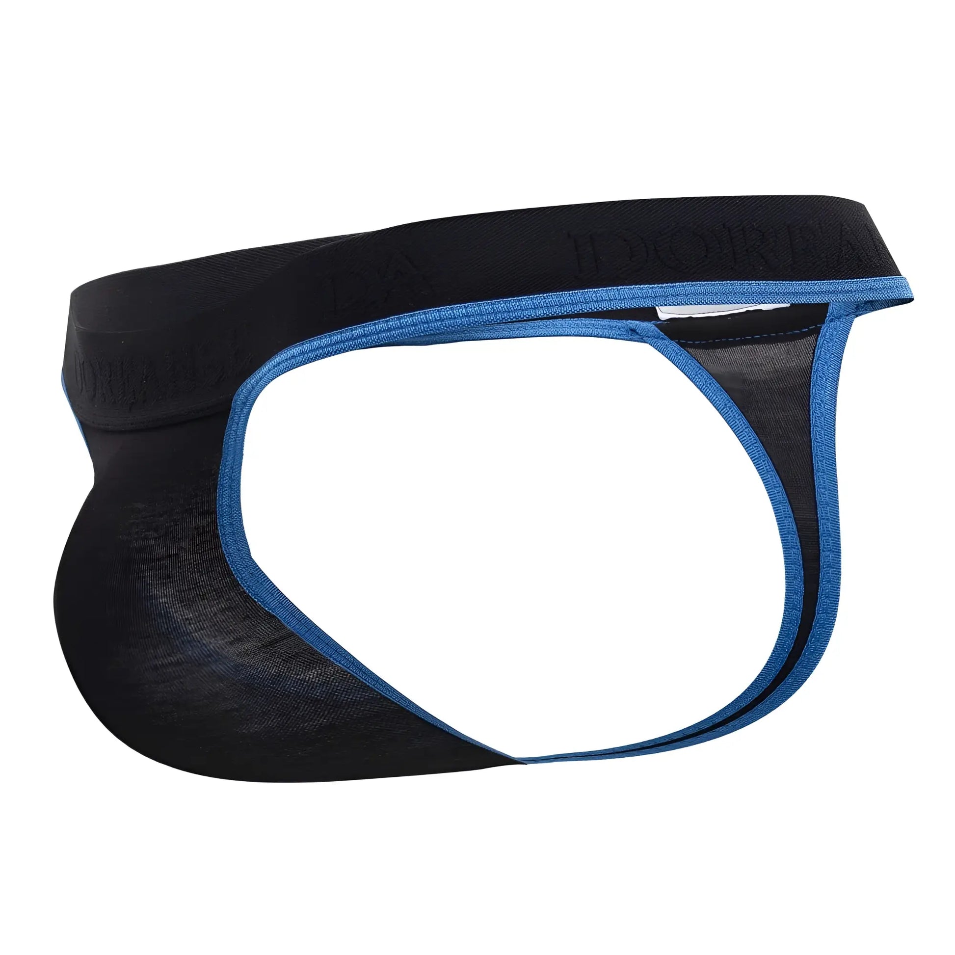 Doreanse 1012-blk borderline thongs in black men’s briefs with blue mesh front panel for breathable comfort