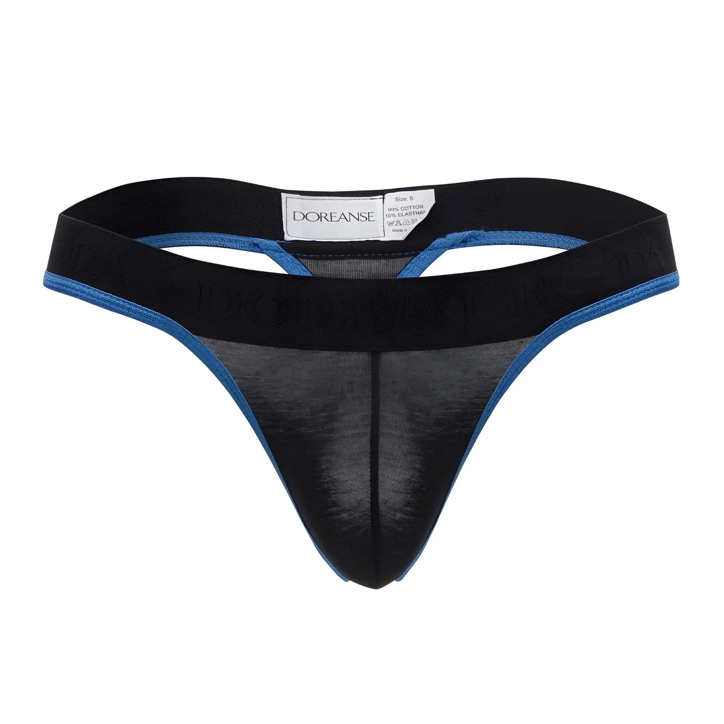 Black and blue Doreanse 1012-BLK borderline thong with sheer mesh front panel in comfortable breathable fabric