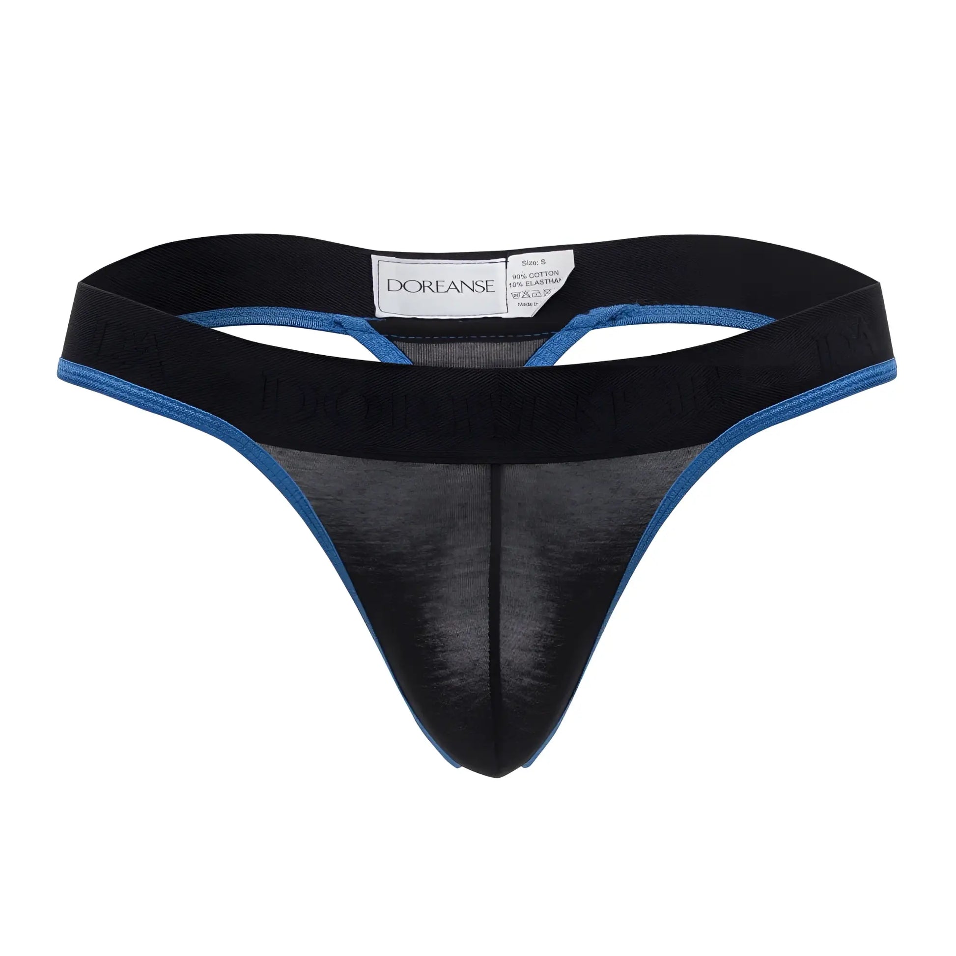 Black and blue Doreanse 1012-BLK borderline thong with sheer mesh front panel in comfortable breathable fabric