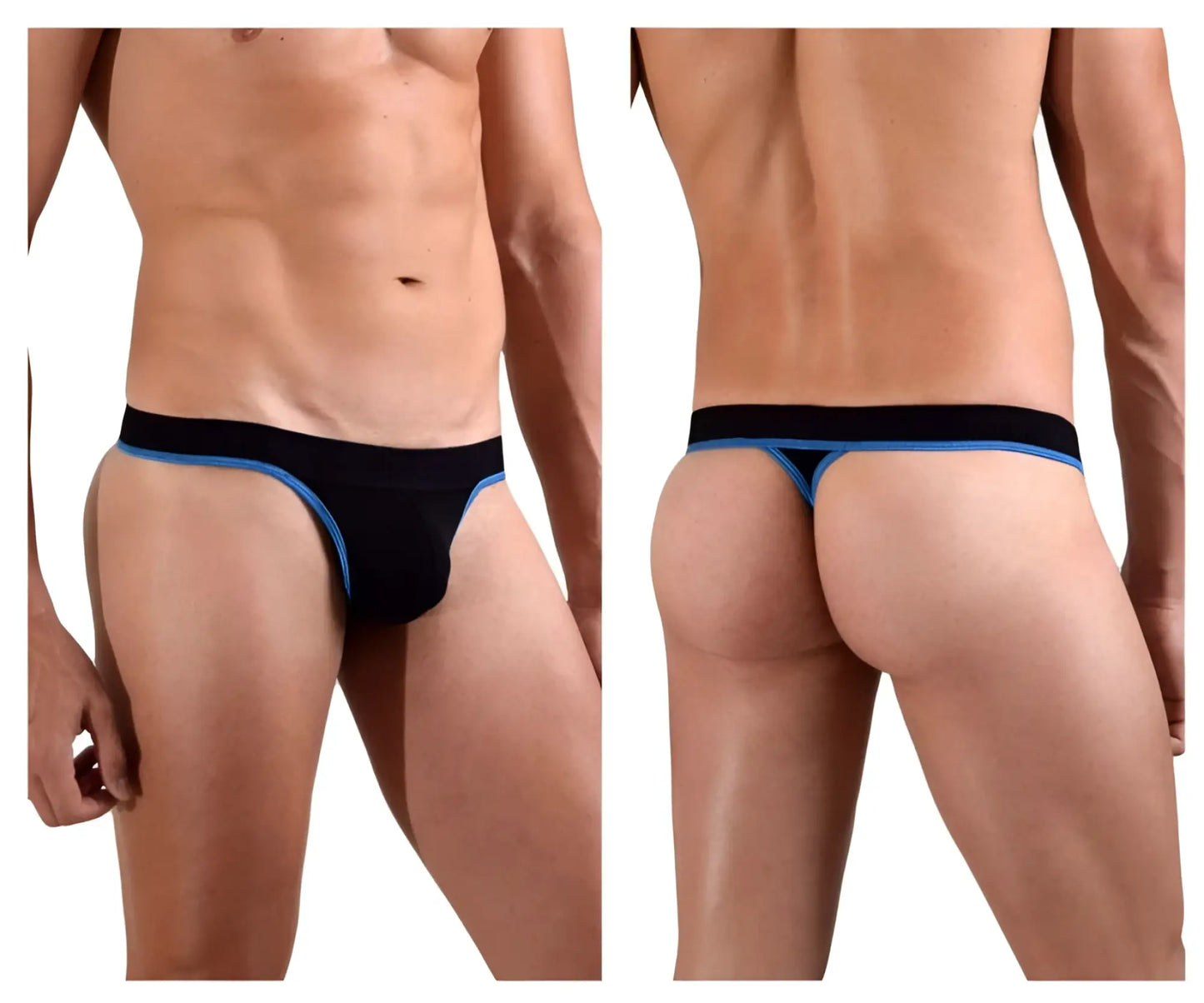 Black Doreanse 1012-BLK borderline thong with blue trim showing front design and comfortable fit