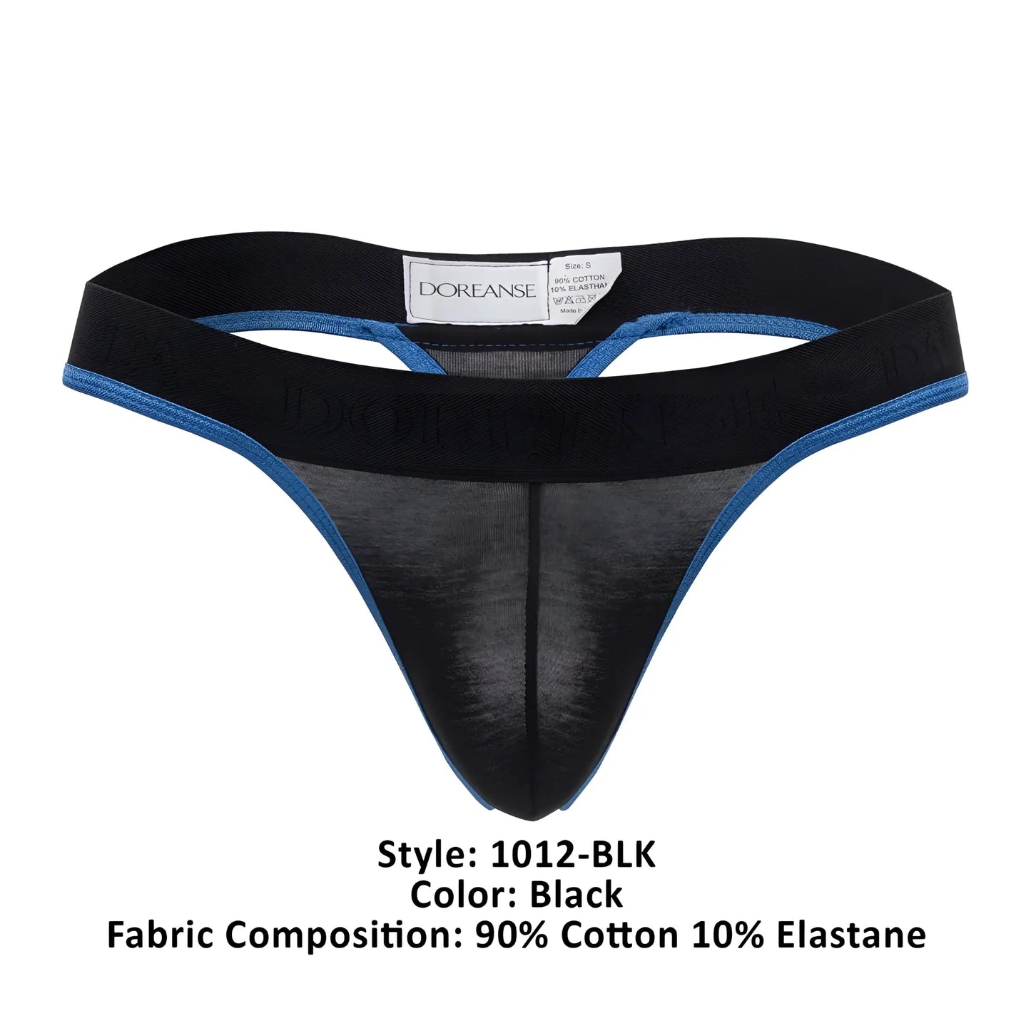 Black doreanse 1012-blk borderline thong with blue trim and sheer mesh front panel in a sleek lingerie design