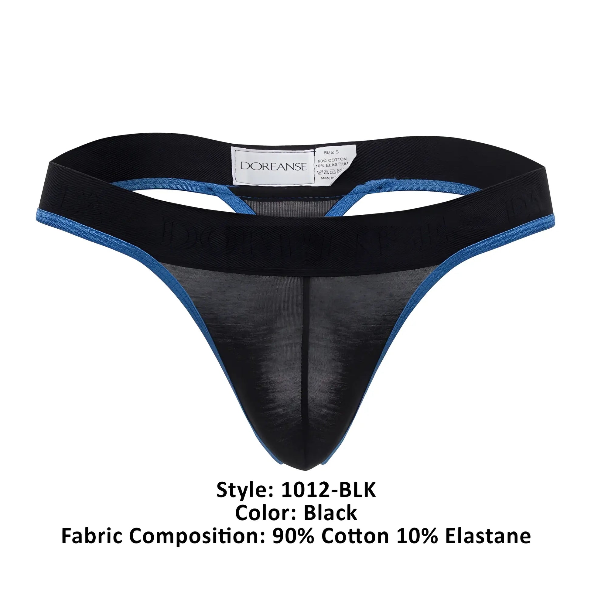 Black doreanse 1012-blk borderline thong with blue trim and sheer mesh front panel in a sleek lingerie design