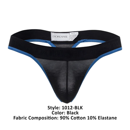 Black doreanse 1012-blk borderline thong with blue trim and sheer mesh front panel in a sleek lingerie design