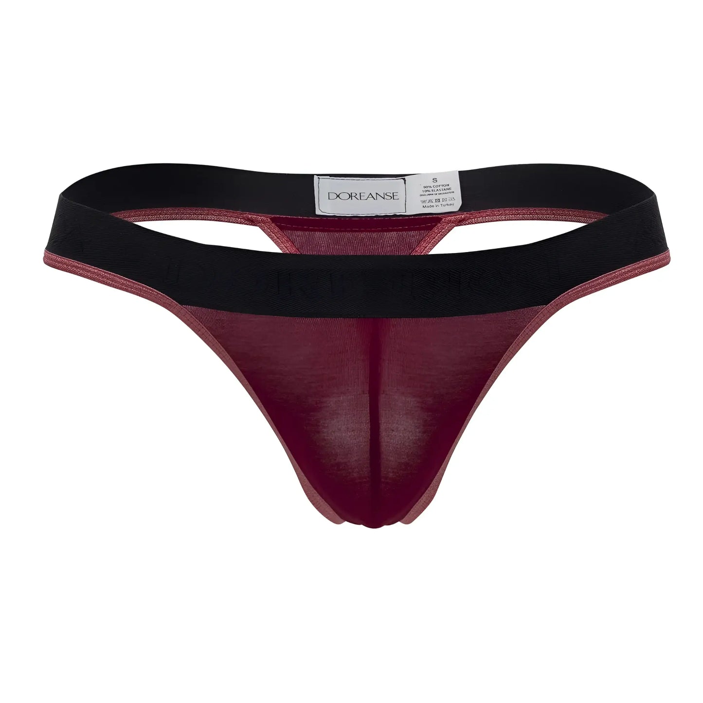 Doreanse 1012-brd borderline thong in sheer maroon fabric with black elastic waistband showing front side