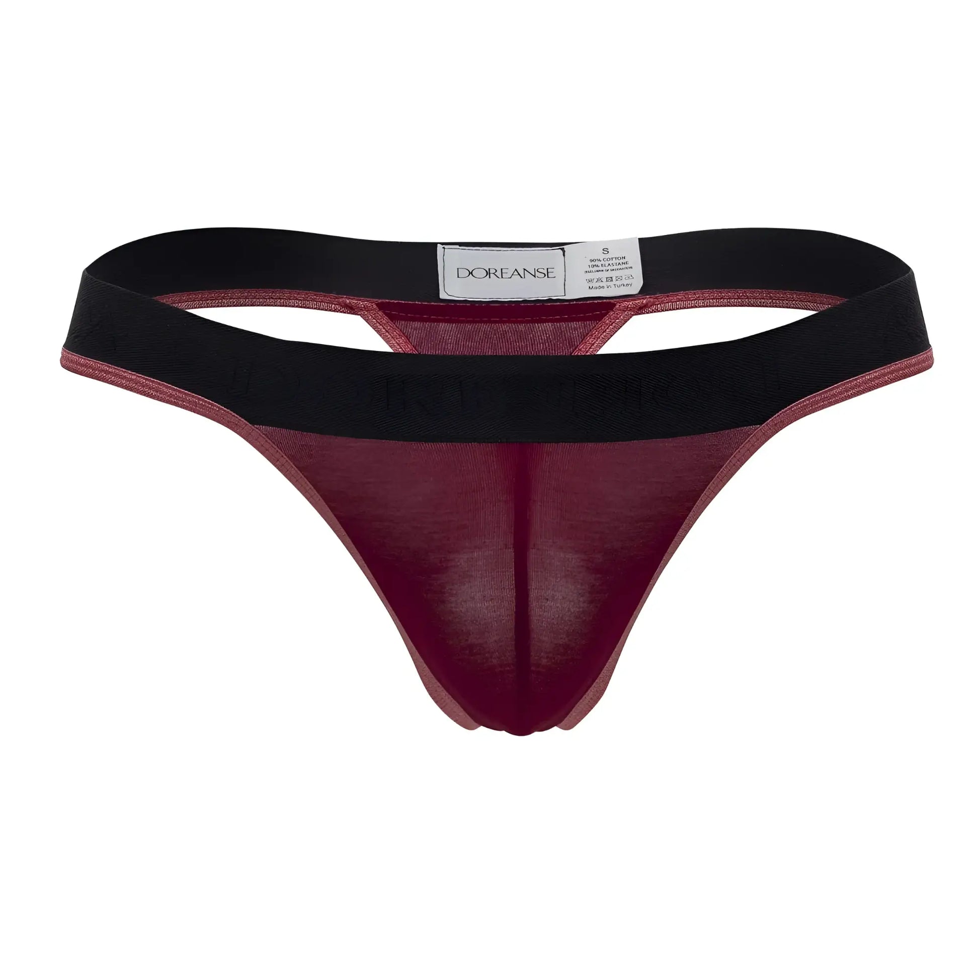 Doreanse 1012-brd borderline thong in sheer maroon fabric with black elastic waistband showing front side