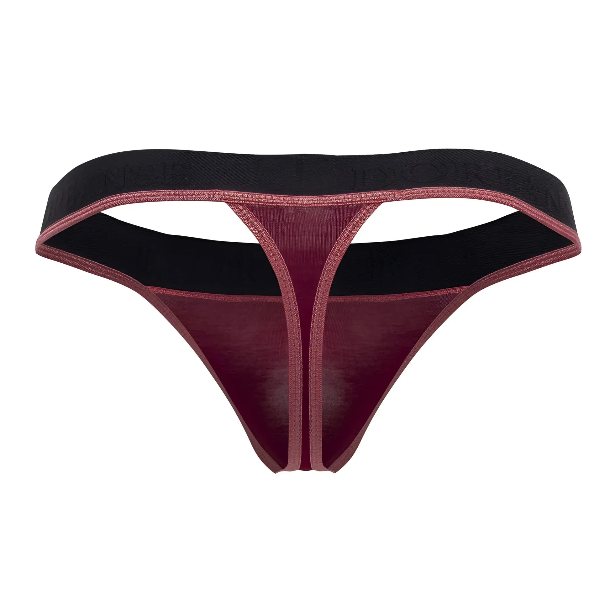 A maroon and black sheer thong with textured fabric and an embossed elastic waistband from Doreanse 1012-BRD Borderline