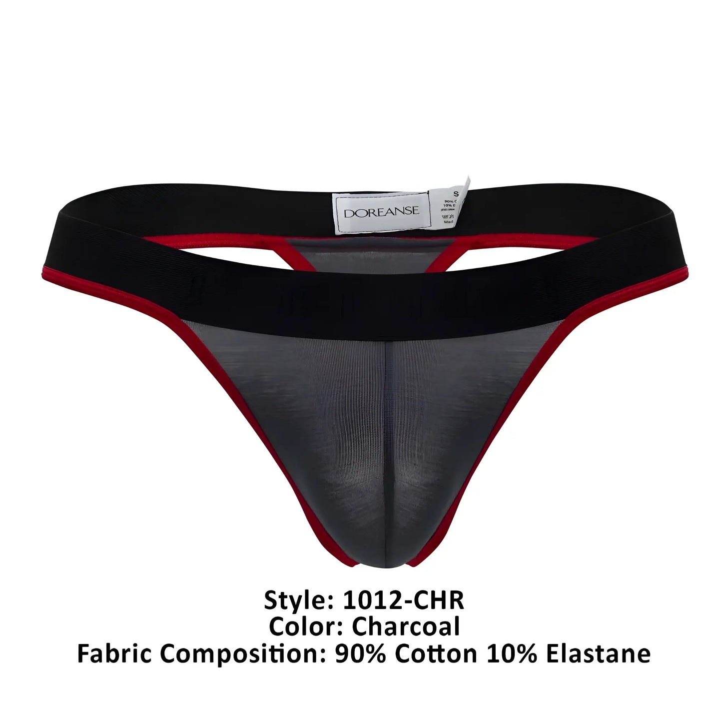 Charcoal doreanse 1012-chr borderline thong with black elastic waistband and red trim, front view
