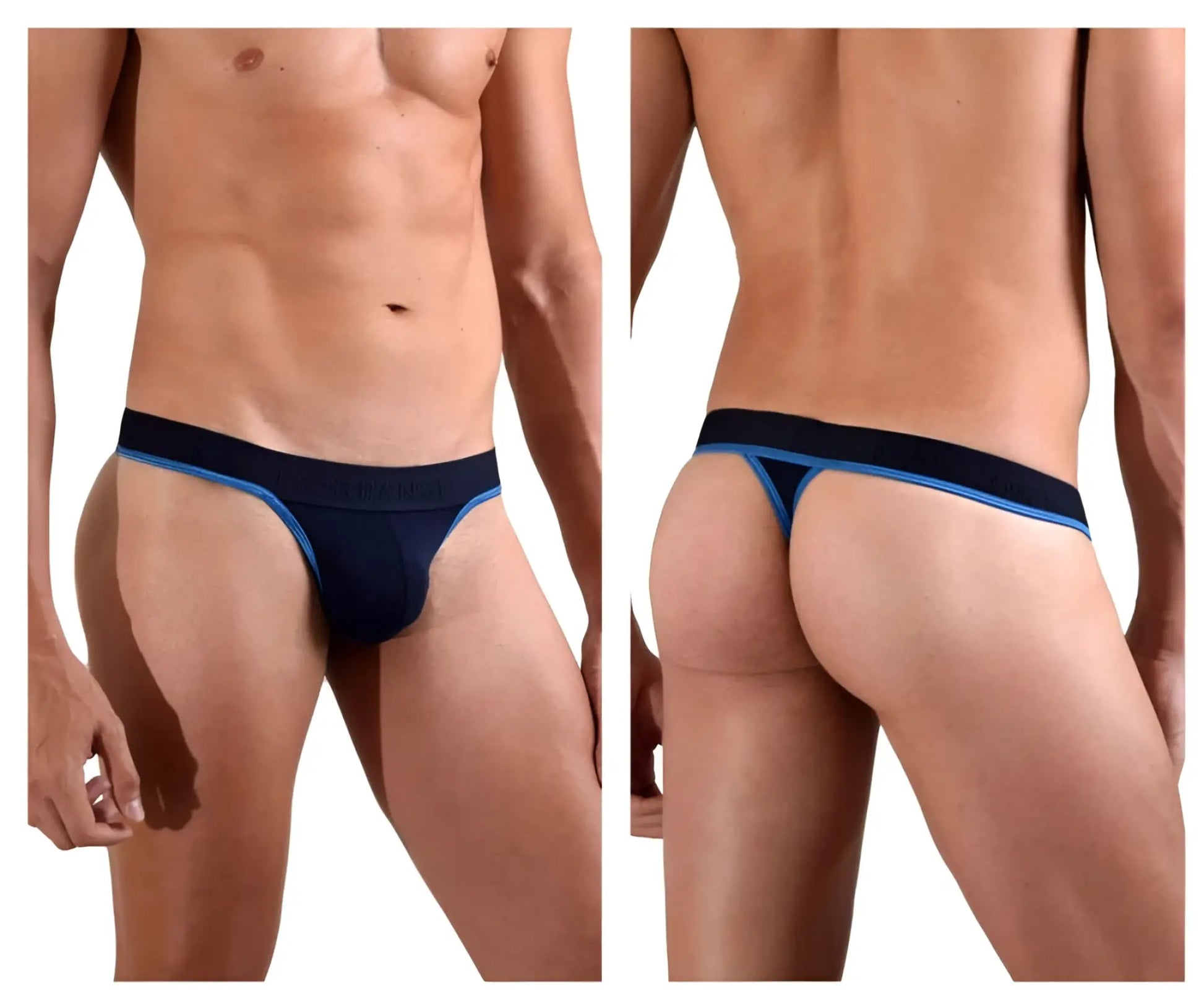 Navy blue cotton thong with light blue trim along waistband and legs doreanse 1012-nvy borderline thongs