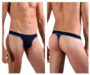 Navy blue cotton thong with light blue trim along waistband and legs doreanse 1012-nvy borderline thongs