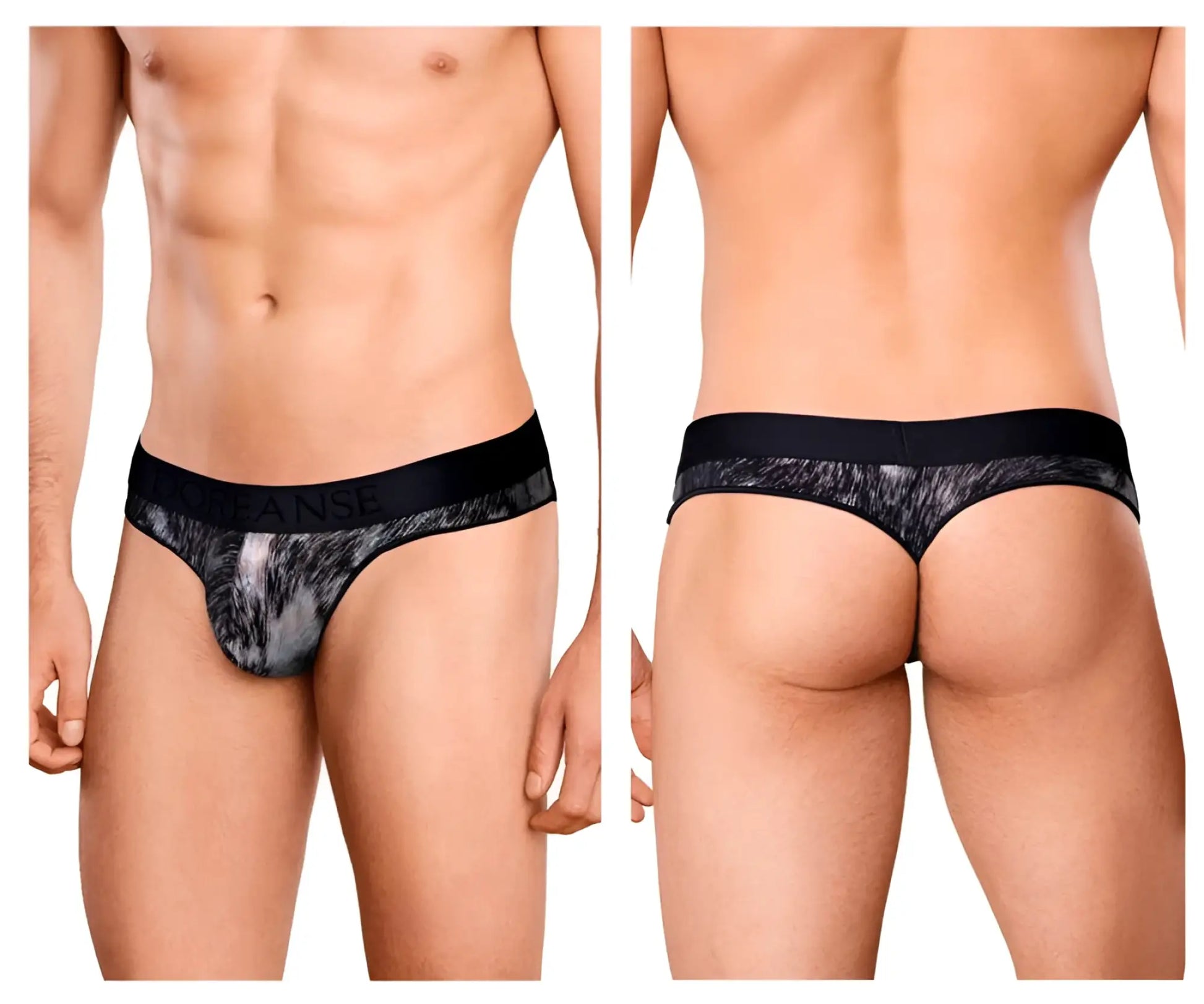 Black and gray patterned men’s thong with solid black waistband doreanse 1208-prn nebula thongs color printed