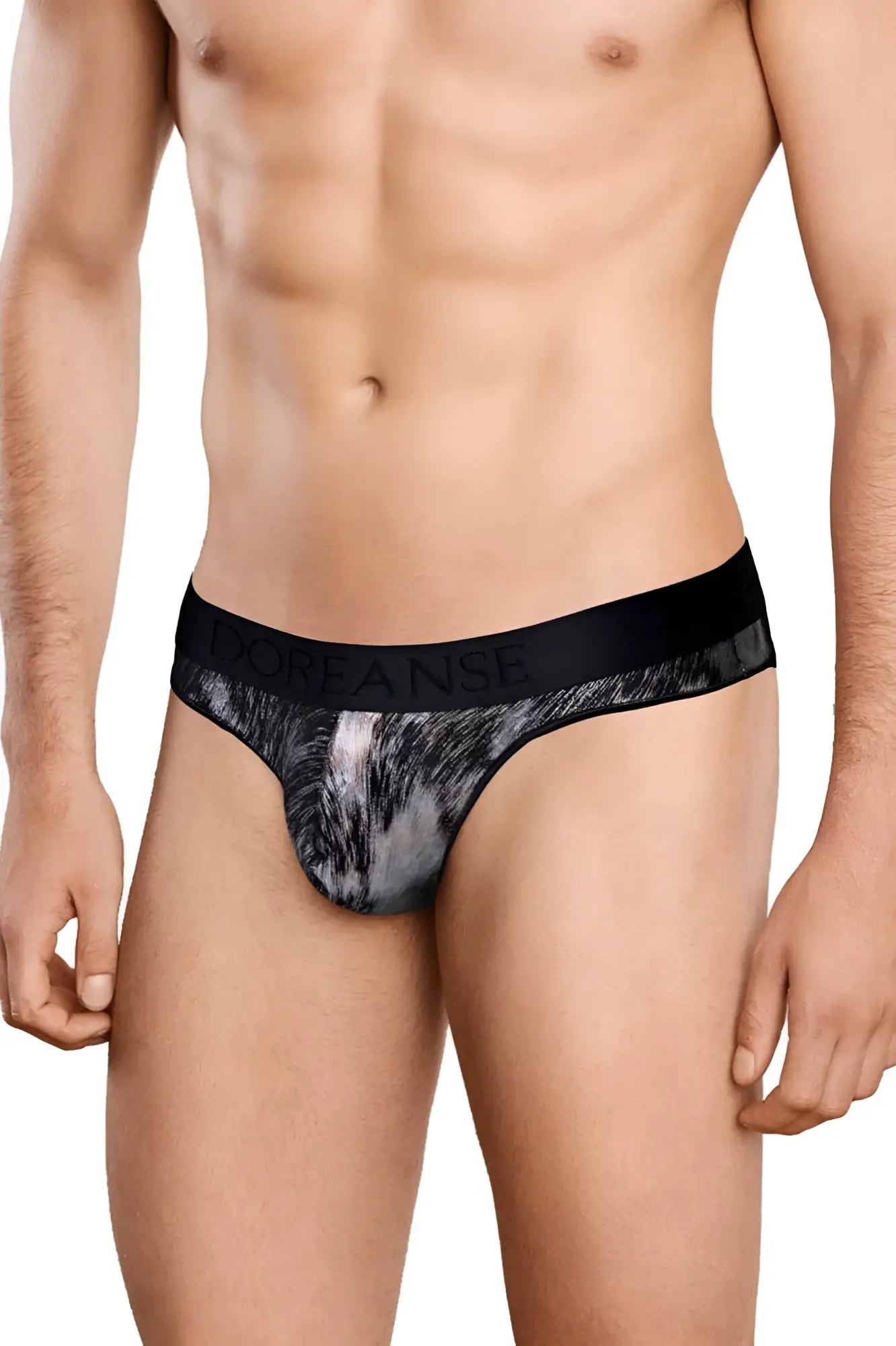Black and gray patterned dorianse briefs with solid black waistband and white brand name for comfortable wear