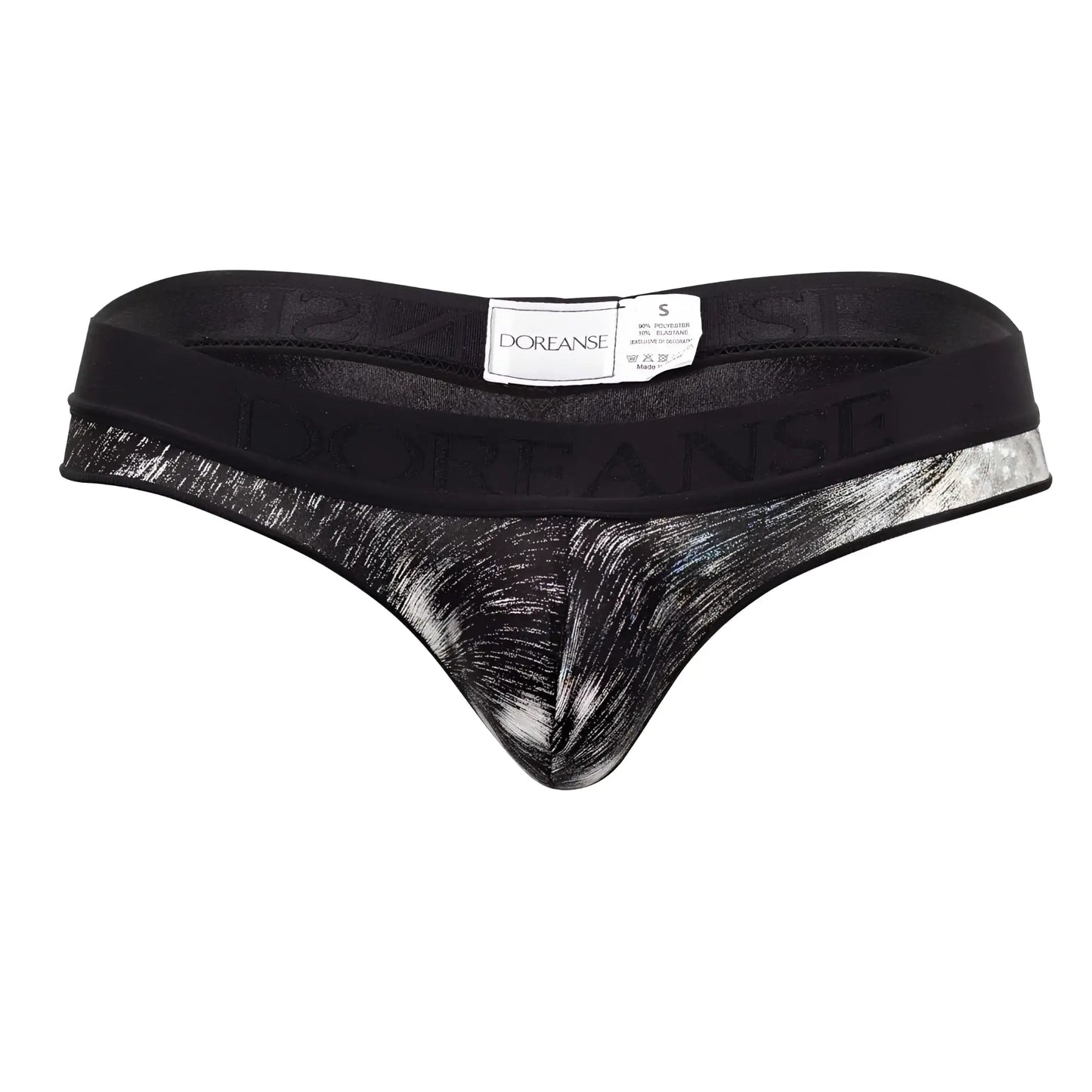 Doreanse 1208-prn nebula thong with black and silver abstract brushstroke pattern and branded waistband