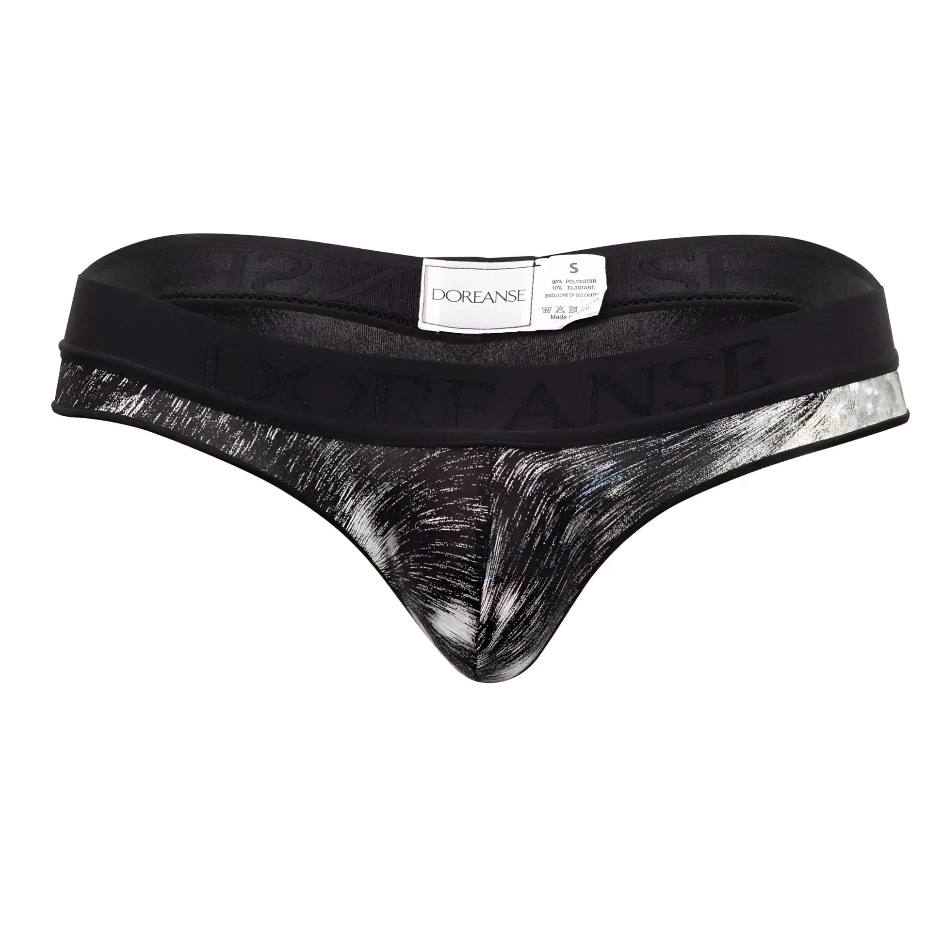 Doreanse 1208-prn nebula thong with black and silver abstract brushstroke pattern and branded waistband