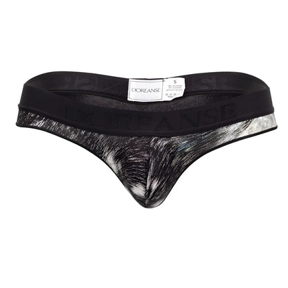 Doreanse 1208-prn nebula thong with black and silver abstract brushstroke pattern and branded waistband