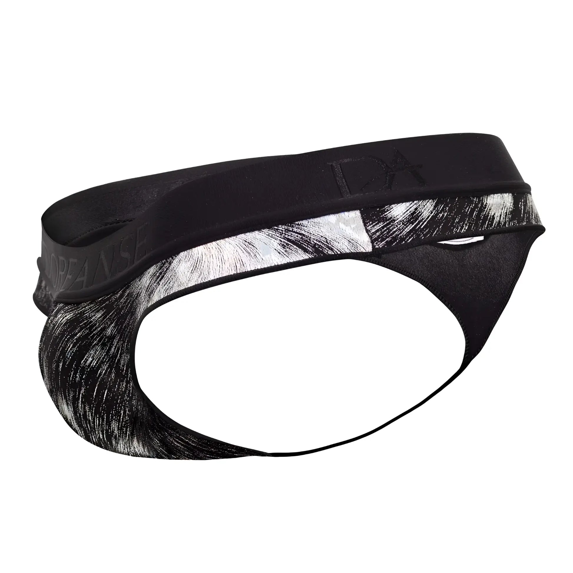 Black and silver abstract brushstroke patterned doreanse 1208-prn nebula thongs with branded elastic waistband