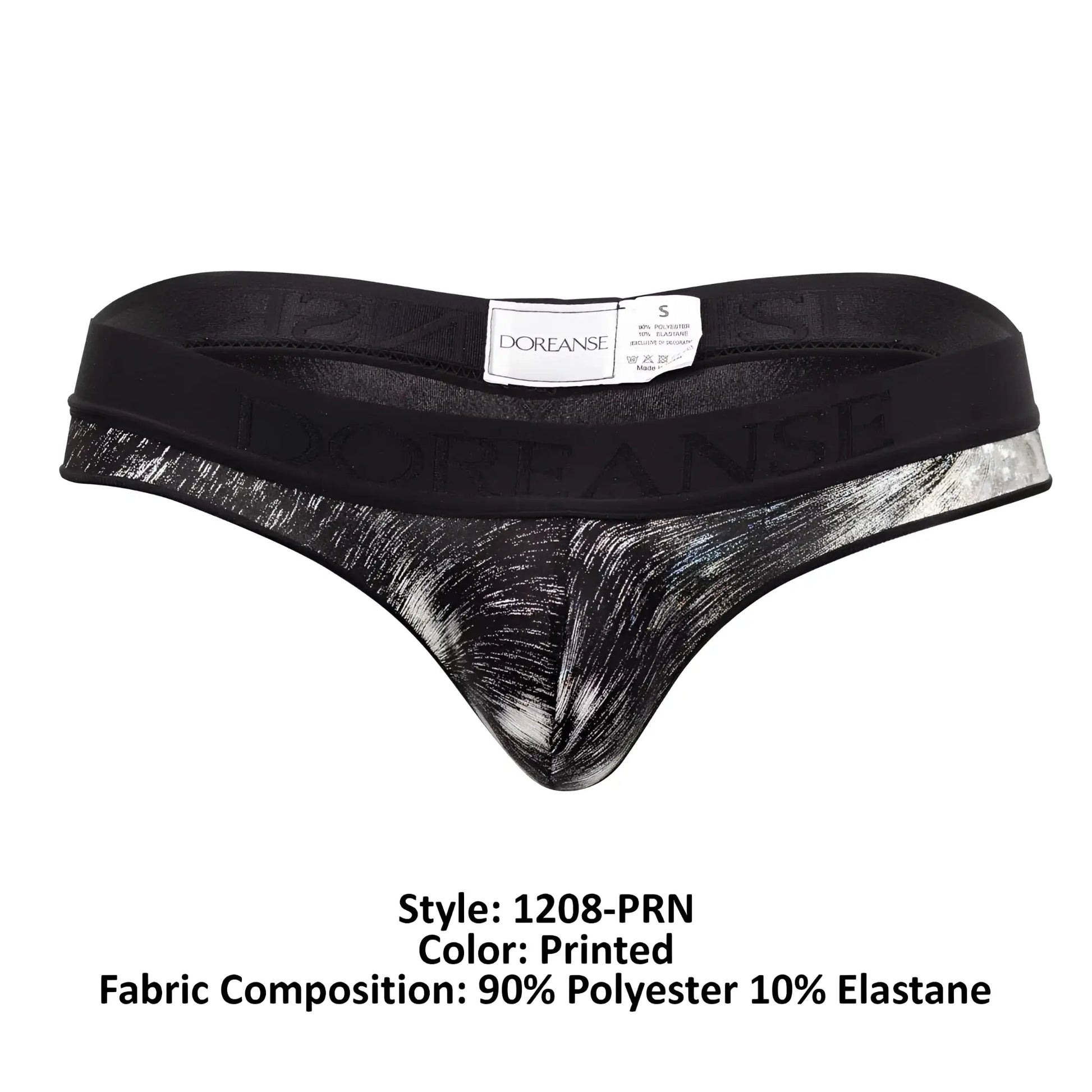 Black and silver printed thong with textured brushstroke pattern on fabric from doreanse 1208-prn nebula thongs color printed