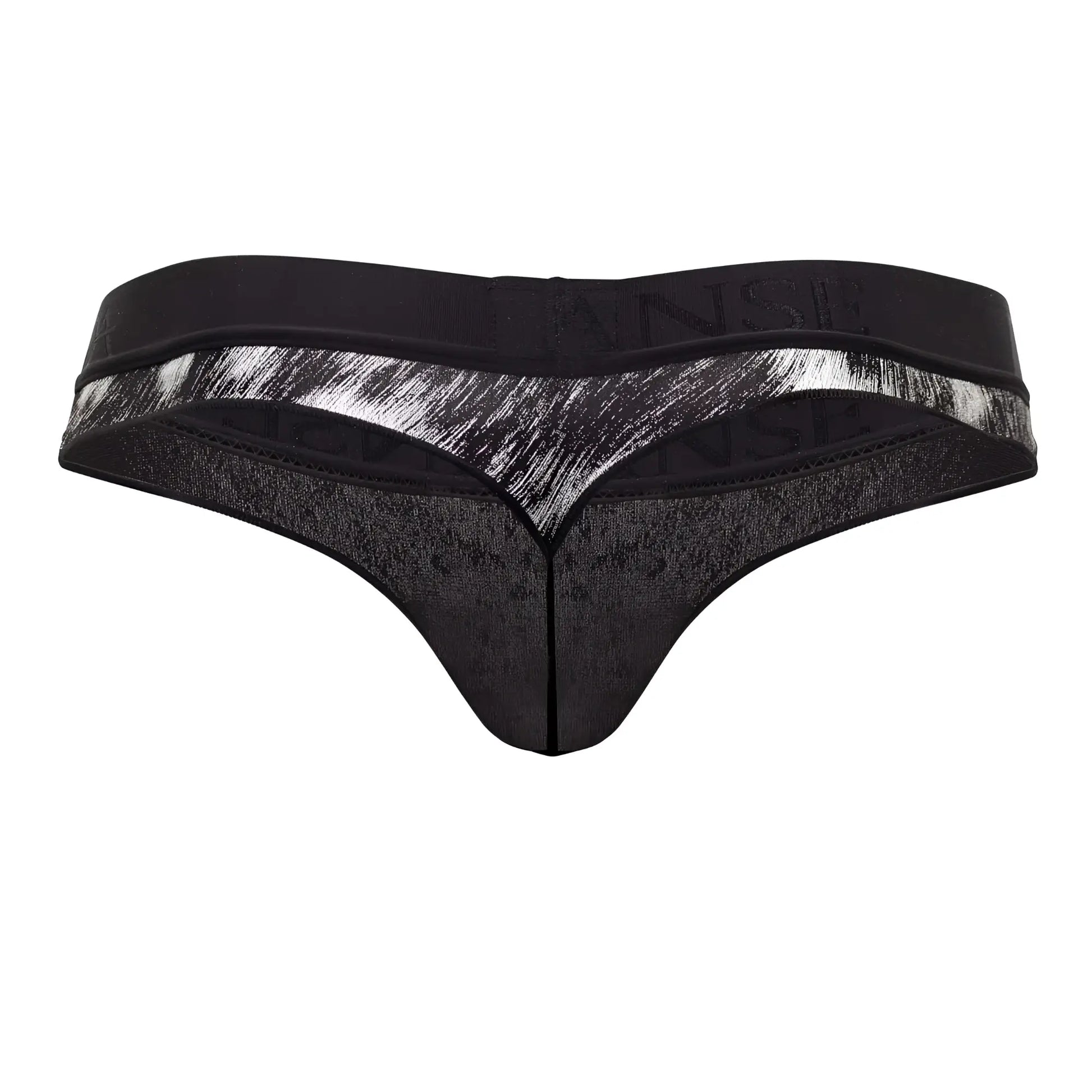 Black thong with silver brushstroke pattern on waistband and subtle wense branding from doreanse 1208-prn nebula thongs color printed