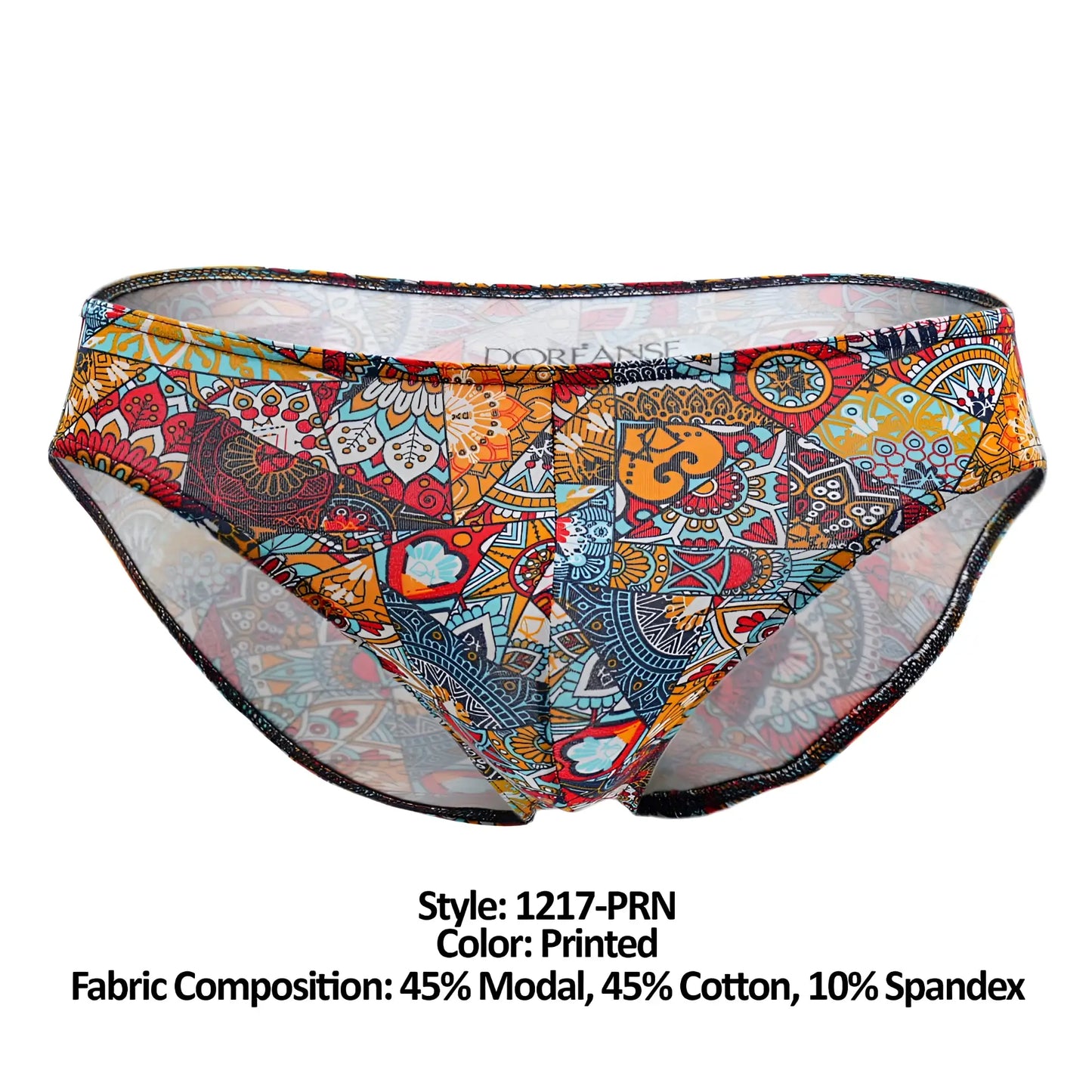 Doreanse 1217-prn groovy bikini color printed briefs with vibrant mandala patterns in orange red blue and yellow hues