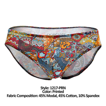 Doreanse 1217-prn groovy bikini color printed briefs with vibrant mandala patterns in orange red blue and yellow hues