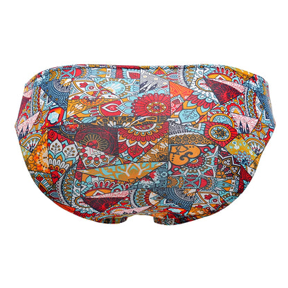 Doreanse 1217-PRN groovy bikini color printed swim trunks with vibrant multicolored mandala and geometric patchwork design
