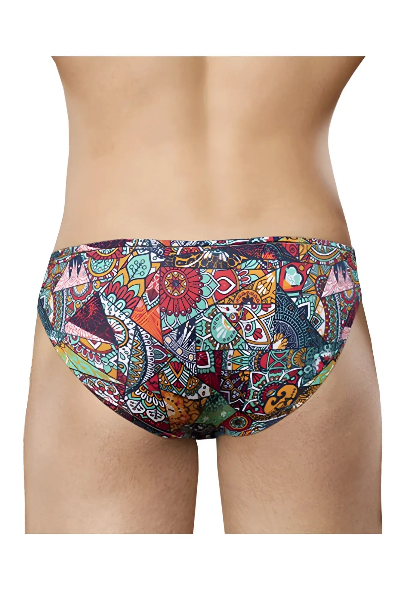 Doreanse 1217-prn groovy bikini color printed men’s swim trunks with vibrant mosaic geometric and floral patterns in teal and orange