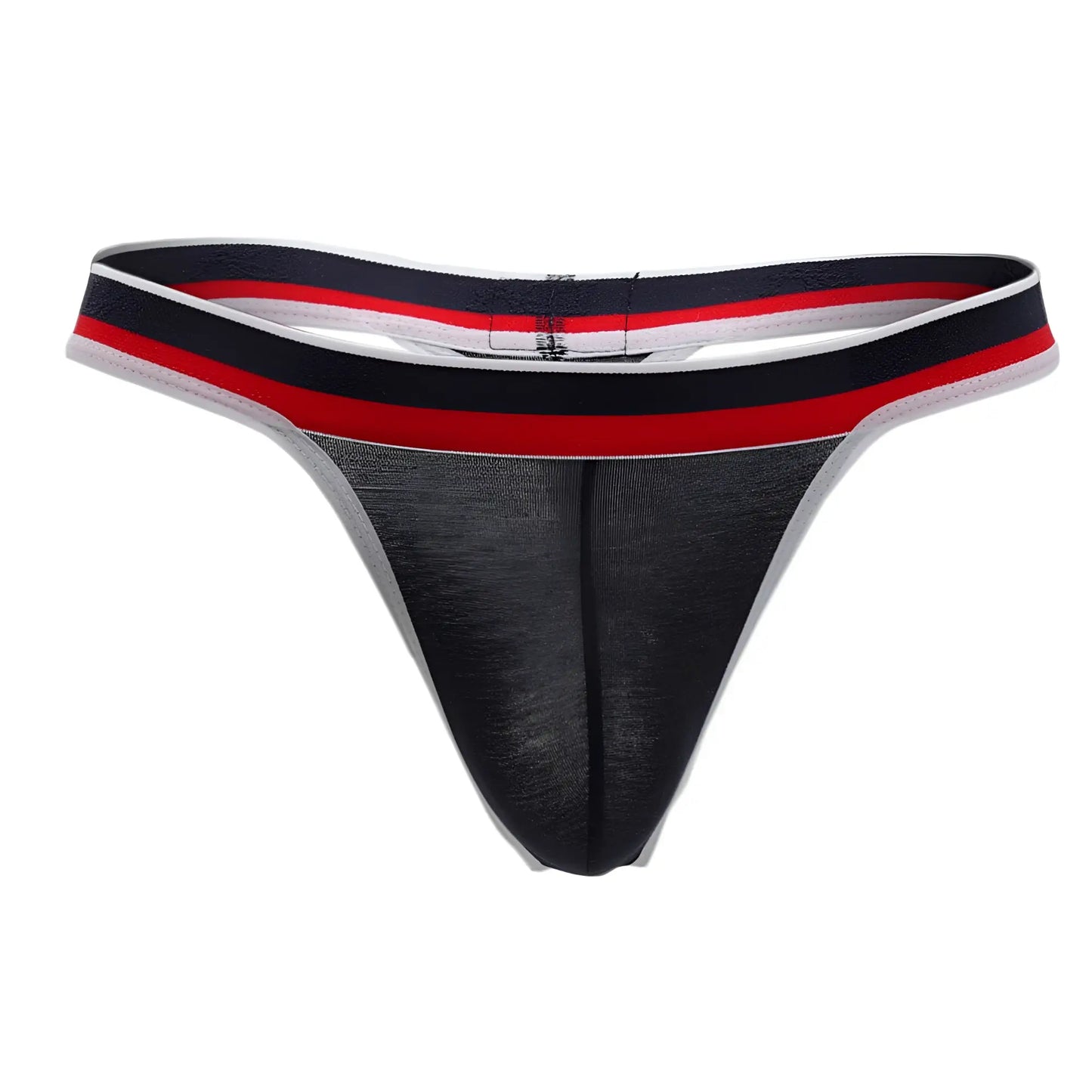 Black mesh Doreanse 1218-NVY Metro thong with navy red and white striped waistband shown from the back side