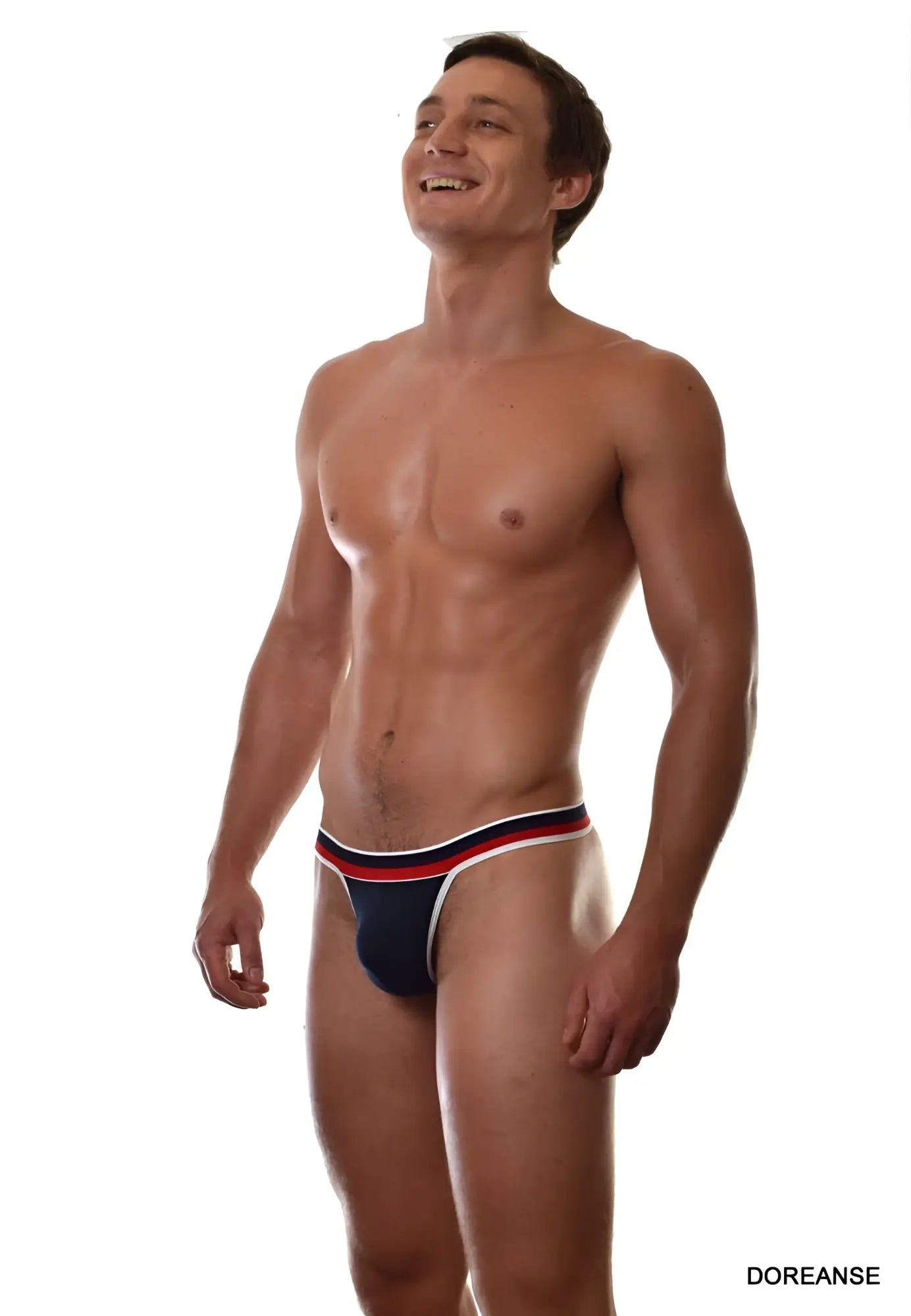 Doreanse 1218-NVY metro thong navy blue briefs with red and white striped trim for comfortable daily wear
