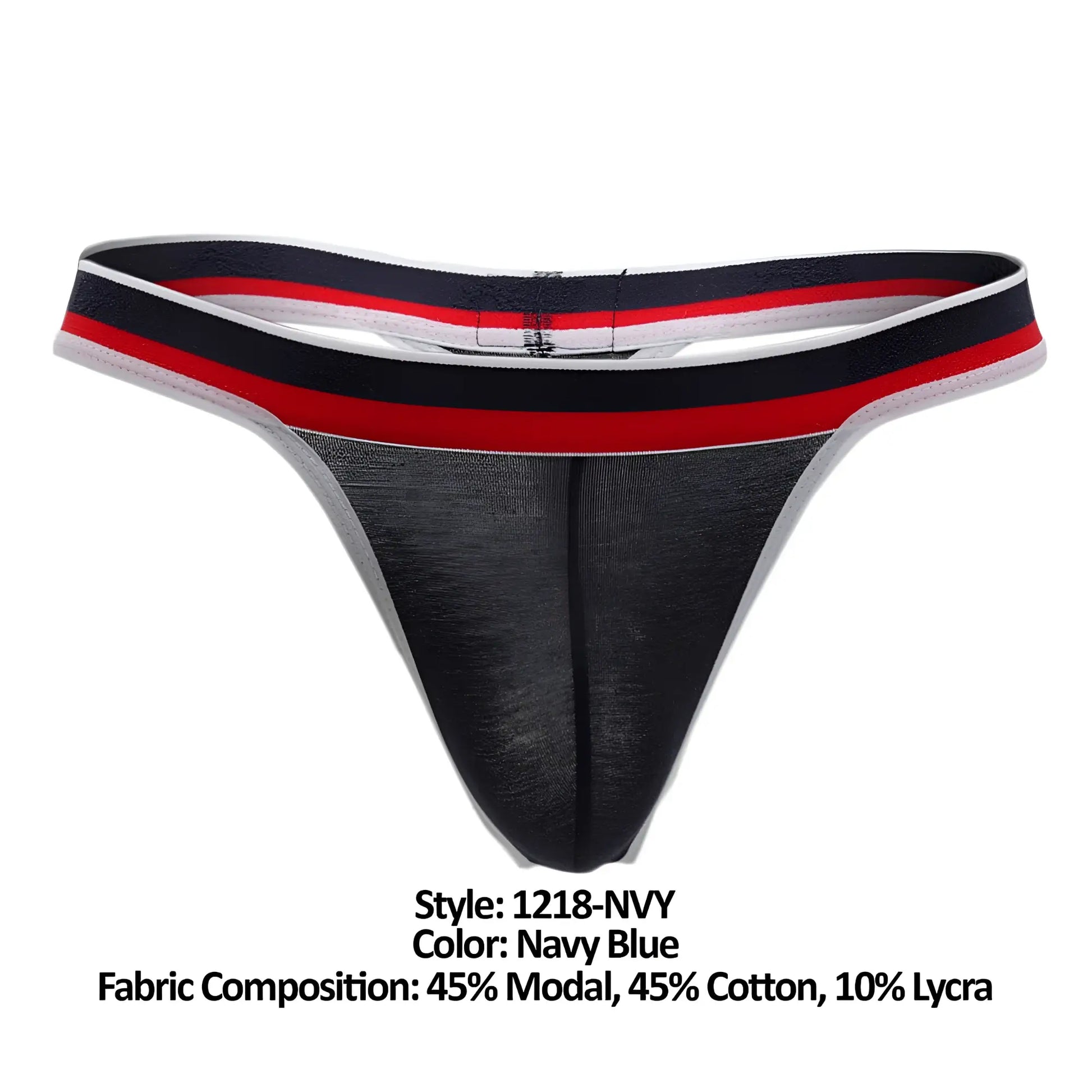Navy blue Doreanse 1218-NVY Metro thong with a striped black red and white waistband in back view