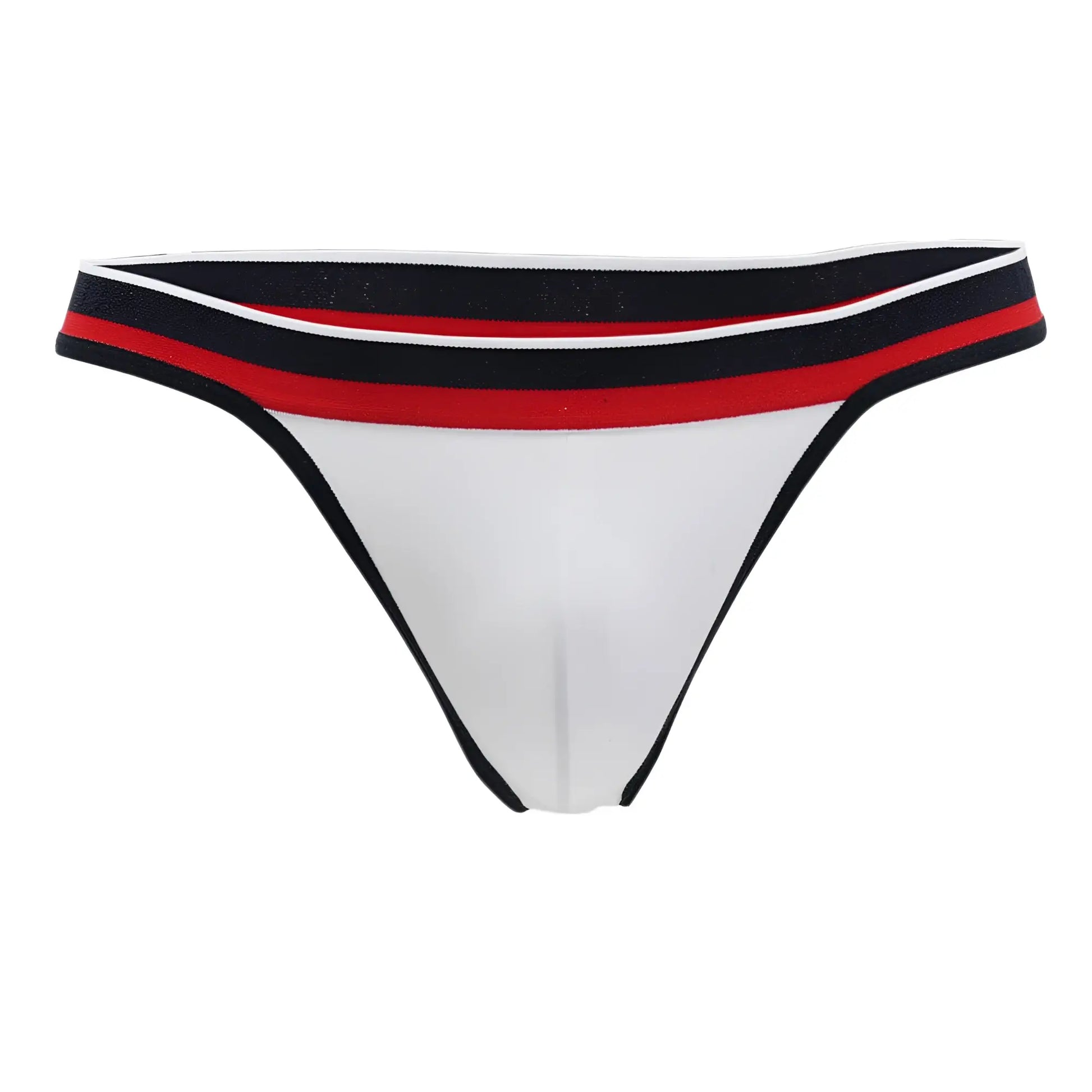 Doreanse 1218-WHT metro thong white with black red and white striped waistband front view microfiber fabric