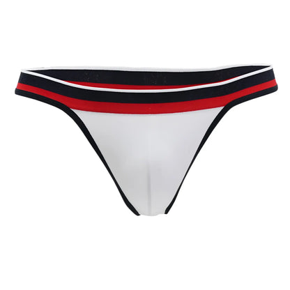 Doreanse 1218-WHT metro thong white with black red and white striped waistband front view microfiber fabric