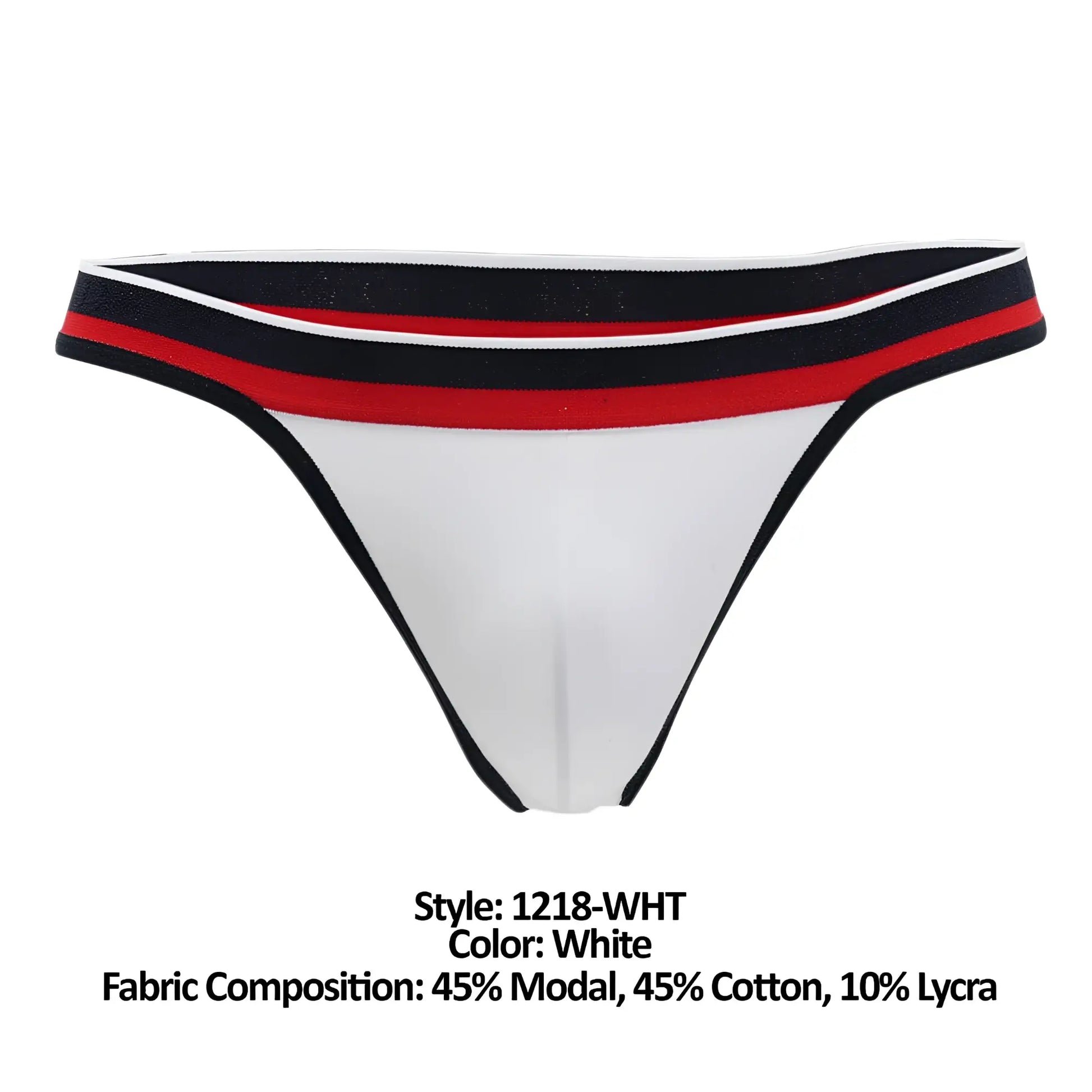 White thong with black white and red striped waistband made of 45 modal 45 cotton and 10 lycra doreanse 1218-wht metro thong
