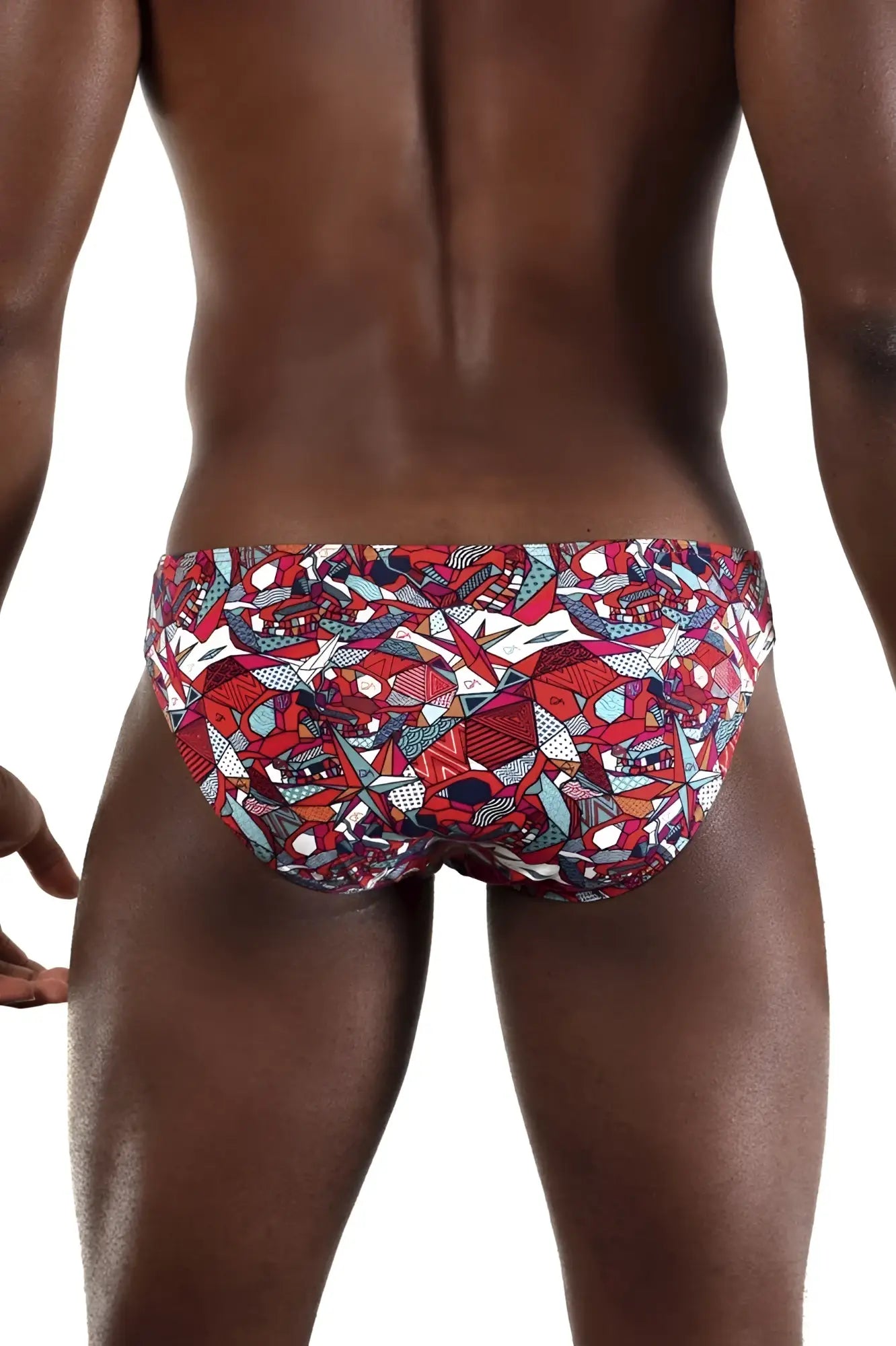 Doreanse 1243-PRN pop art bikini color printed men’s swim trunks with red white and blue geometric pattern