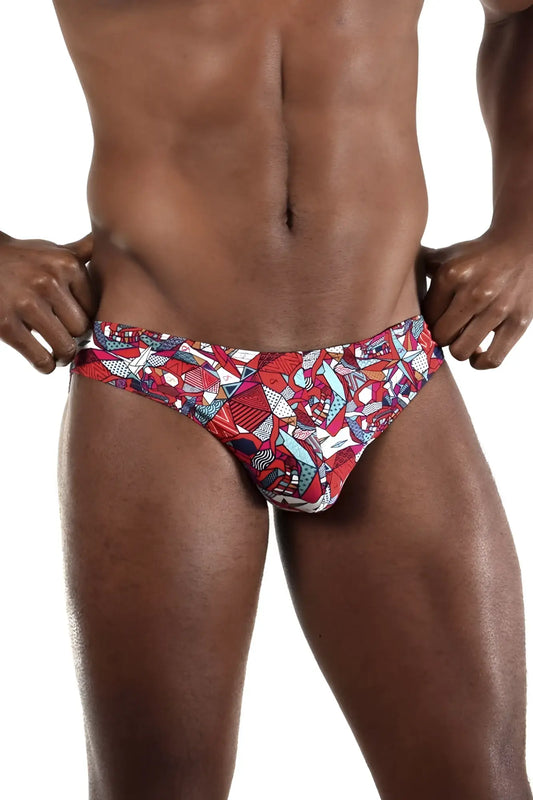 Vibrant red blue and white geometric-patterned Doreanse 1243-PRN pop art bikini color printed men’s swim trunks