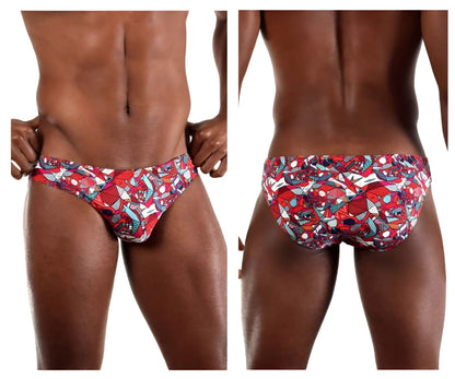 Doreanse 1243-PRN pop art bikini color printed men’s swim trunks with vibrant red blue and white graphic pattern