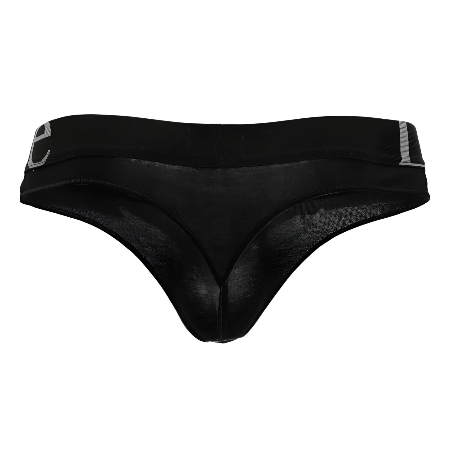 Black doreanse 1250 wide-band thong with smooth sheer mesh fabric and subtle gray logo on waistband shown from back
