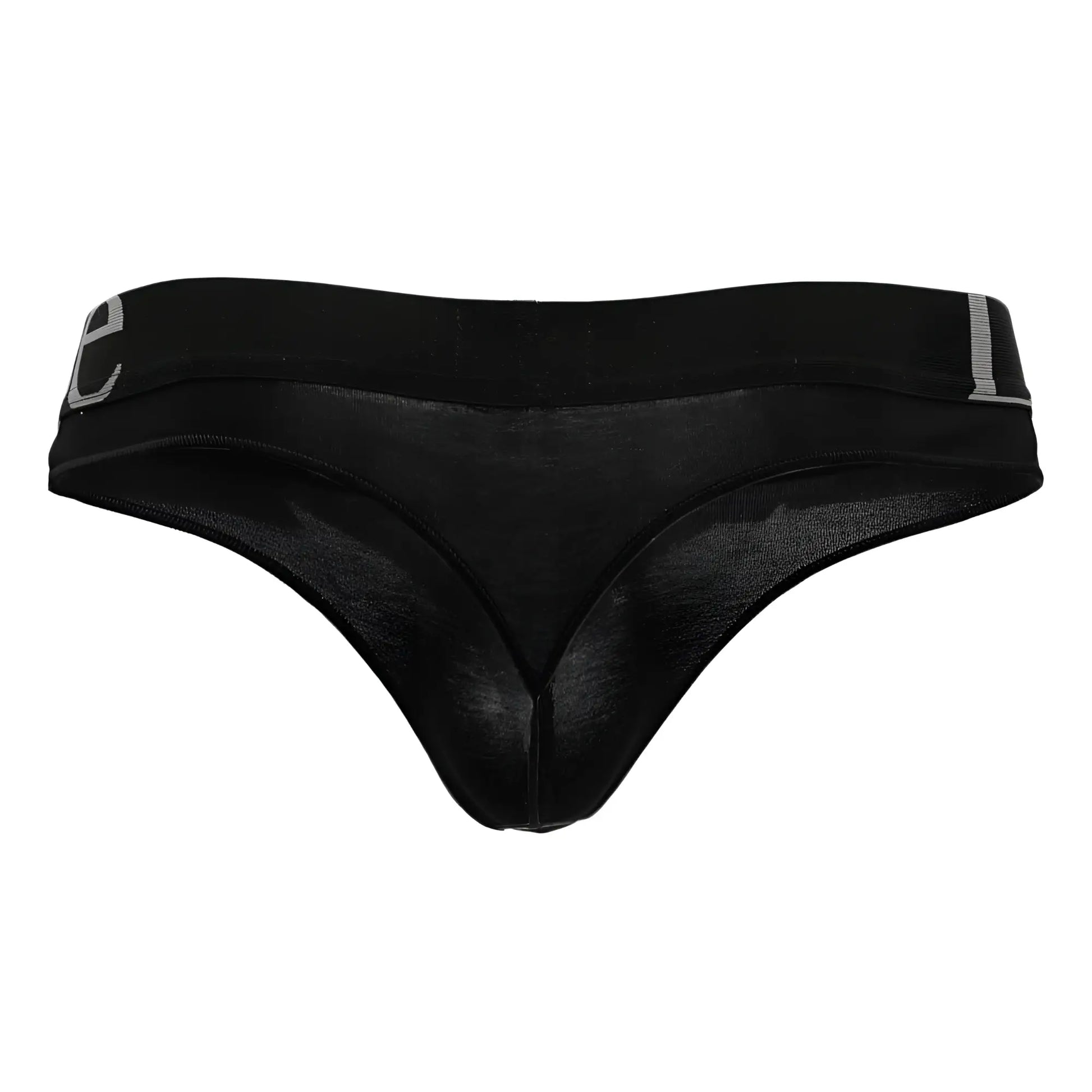 Black doreanse 1250 wide-band thong with smooth sheer mesh fabric and subtle gray logo on waistband shown from back