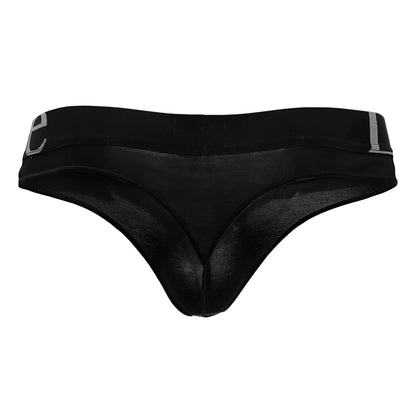 Black doreanse 1250 wide-band thong with smooth sheer mesh fabric and subtle gray logo on waistband shown from back