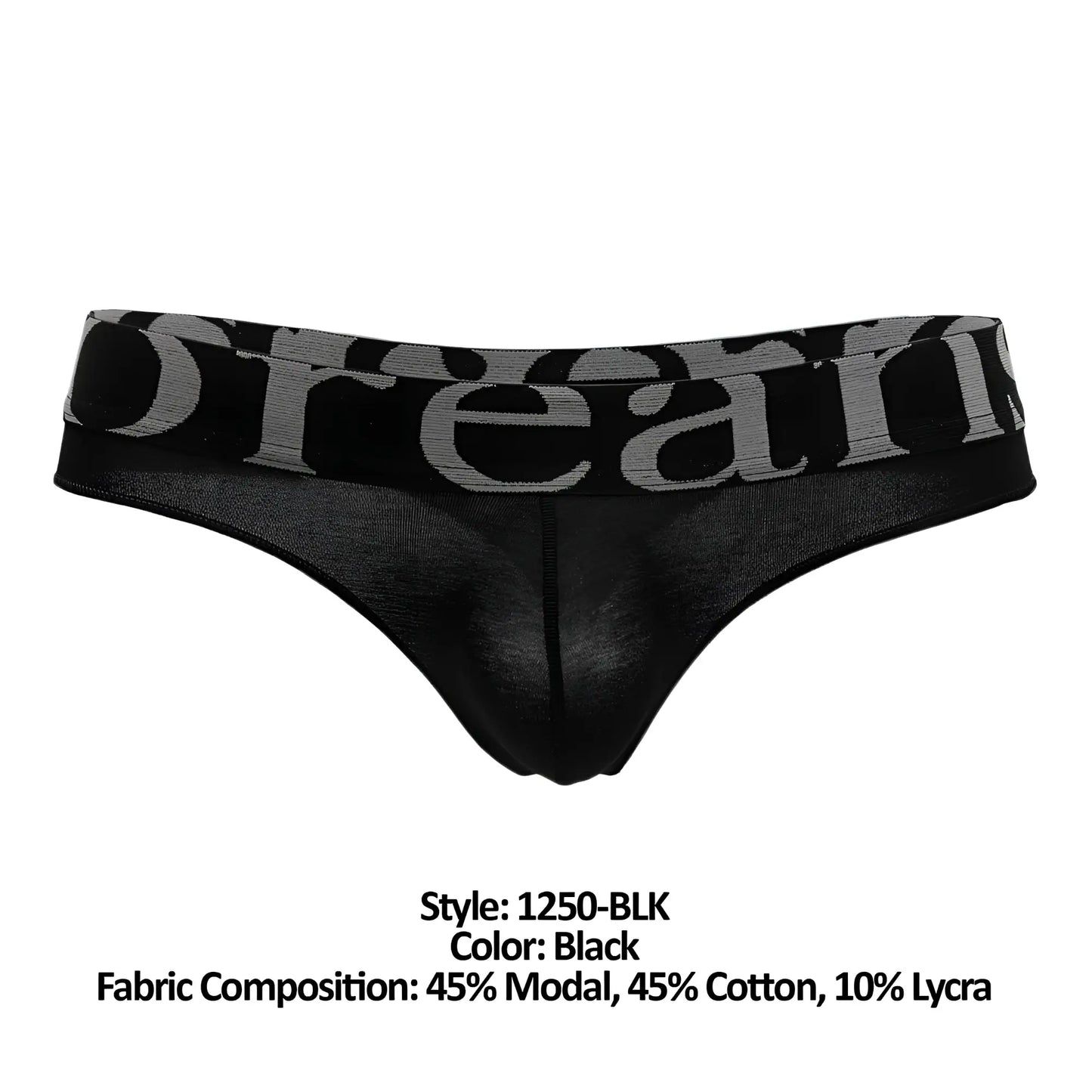 Black Doreanse 1250-BLK wide-band thong featuring a dream gray lettered waistband in comfortable fabric