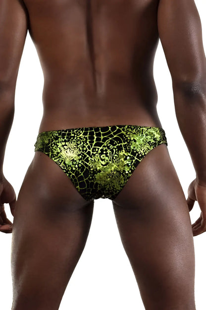 Doreanse 1257-PRN space venom briefs vibrant lime green and black patterned swim trunks with intricate design