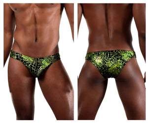 Doreanse 1257-PRN Space Venom briefs in vibrant lime green and black crocodile-scale print swim trunks