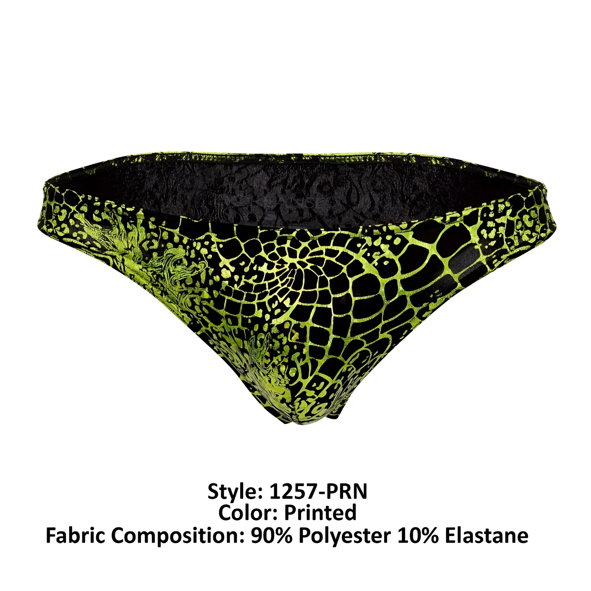 Doreanse 1257-prn space venom briefs featuring vibrant lime green and black scale-like printed swim briefs