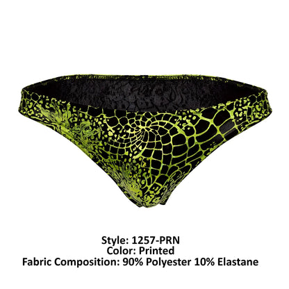 Doreanse 1257-prn space venom briefs featuring vibrant lime green and black scale-like printed swim briefs
