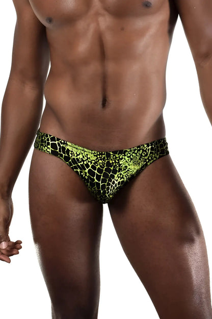 Doreanse 1257-prn space venom briefs featuring vibrant neon green and black reptilian scale print swim trunks