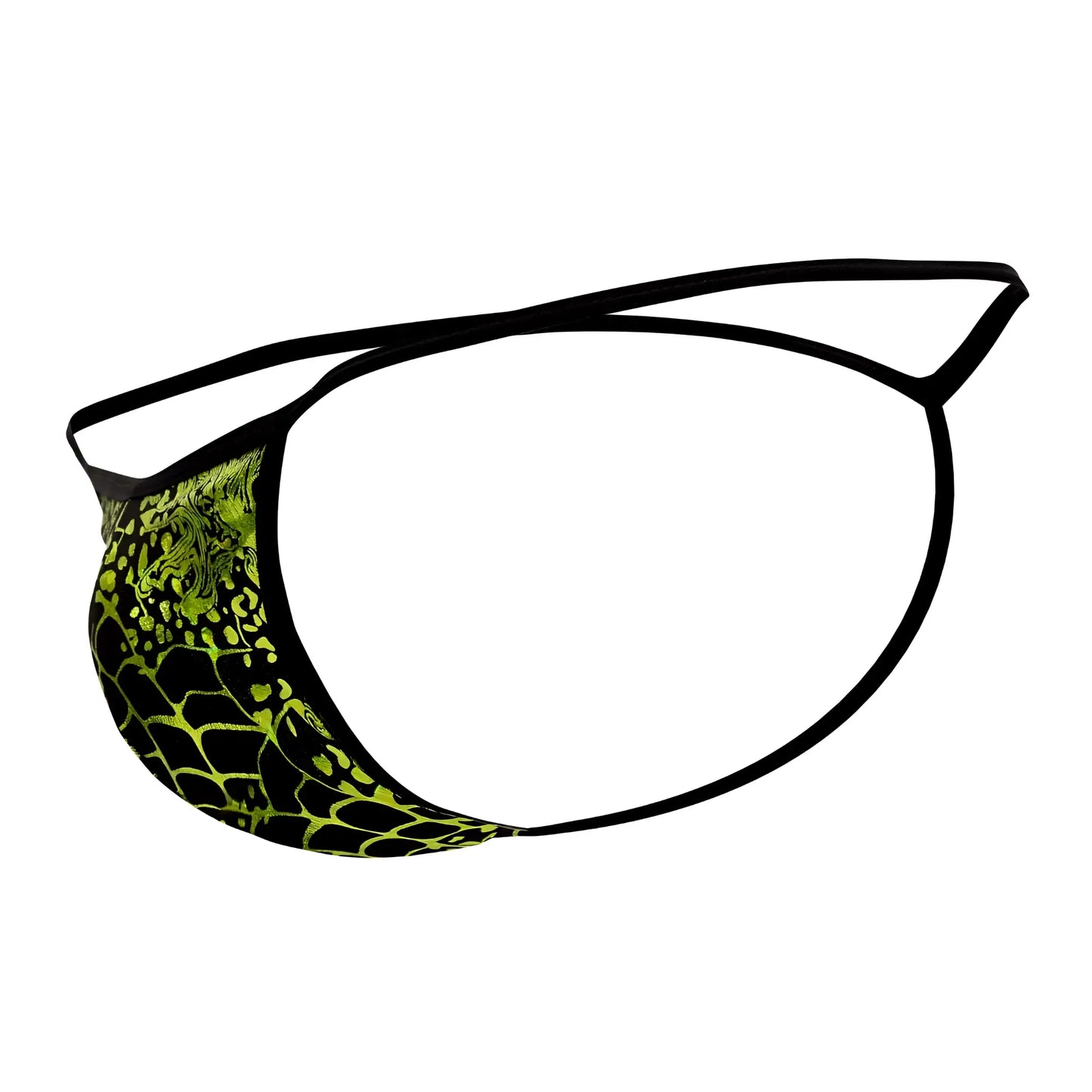 Doreanse 1260-PRN space venom thong with black and neon green snake scale patterned fabric front view
