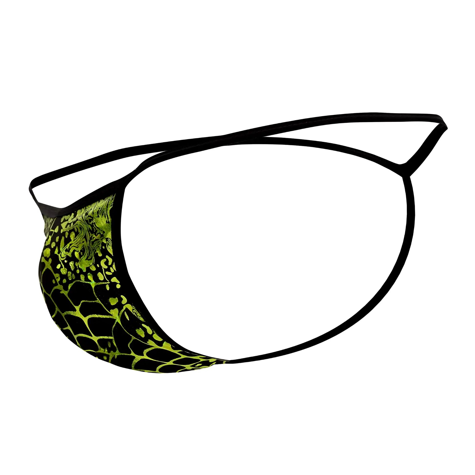Doreanse 1260-PRN space venom thong with black and neon green snake scale patterned fabric front view