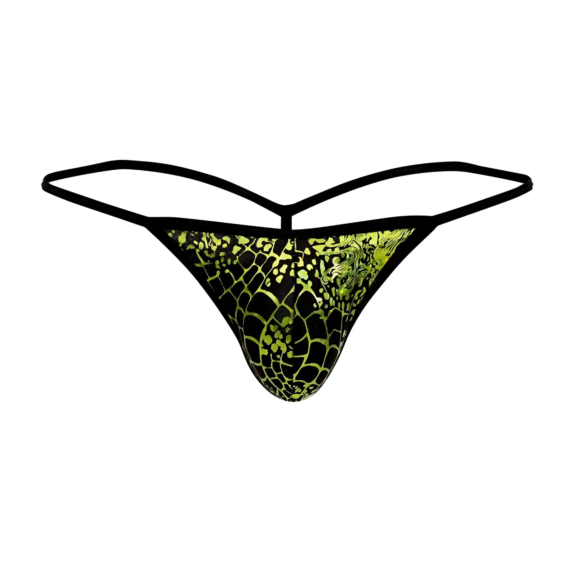 Doreanse 1260-prn space venom thong in black and neon green mesh fabric with printed pattern front view
