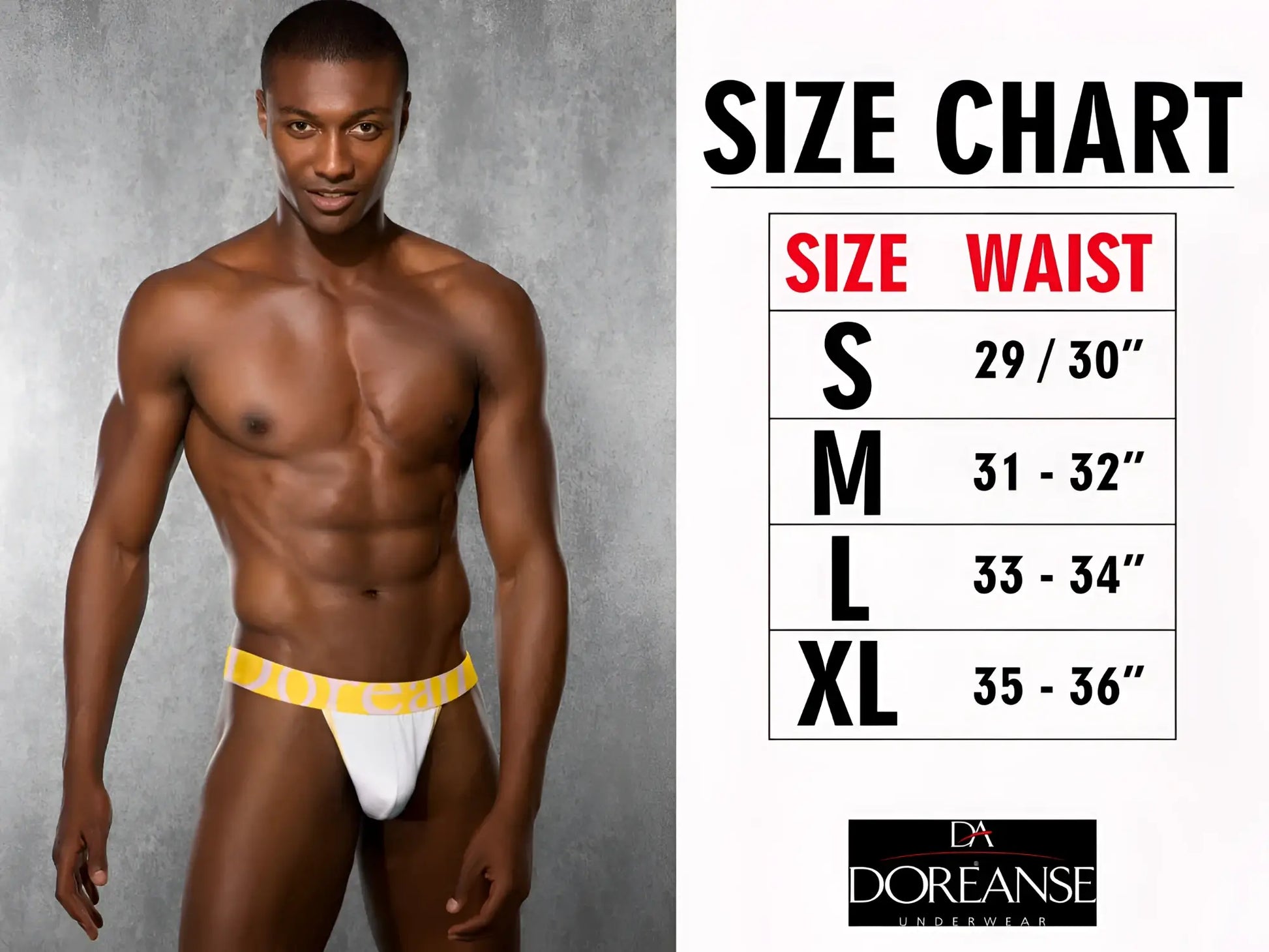 White briefs with bright yellow elastic waistband featuring doreanse brand name in bold black lettering from 1260-prn space venom thongs color printed collection