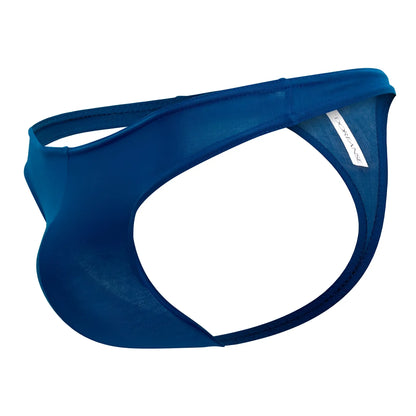 A sleek blue doreanse 1280-BLU hang-loose thong made of smooth stretchy fabric with a white brand tag on the side