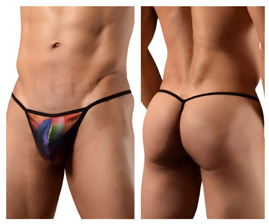 Doreanse 1300-phx disco thong in rainbow-patterned mesh with black trim for vibrant comfortable wear