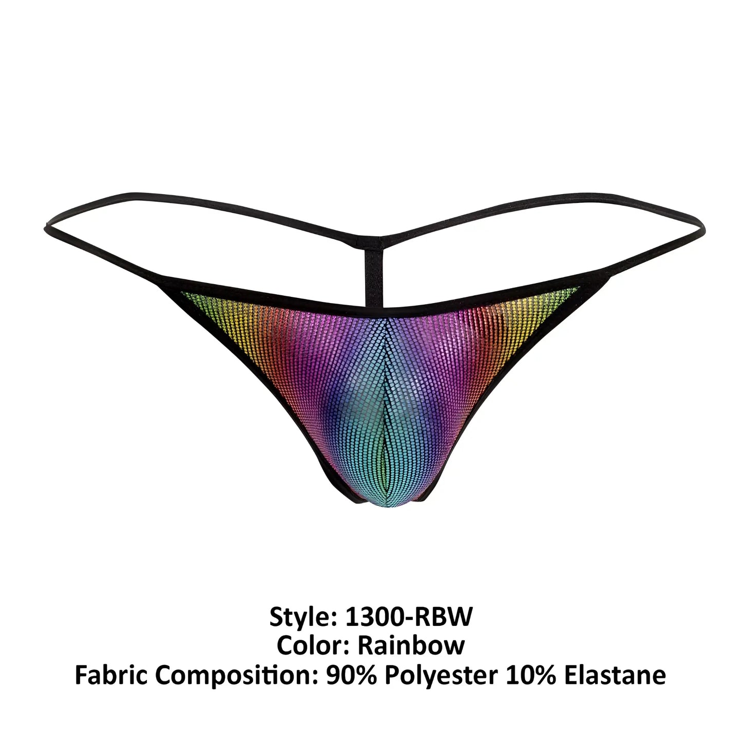 Doreanse 1300-RBW disco thong in rainbow shimmer mesh with black elastic straps and central vertical seam